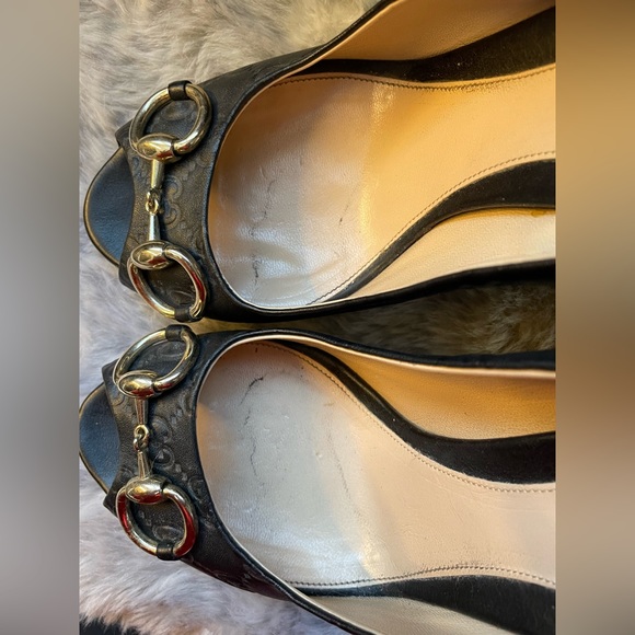 Gucci Black Leather Horsebit Peep Toe Heels - Picture 3 of 8